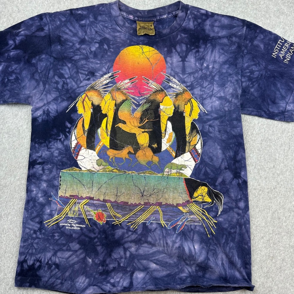 Vtg 1996 The Mountain Tie Dye T-Shirt IAIA Indigenous Art Purple Mens Medium